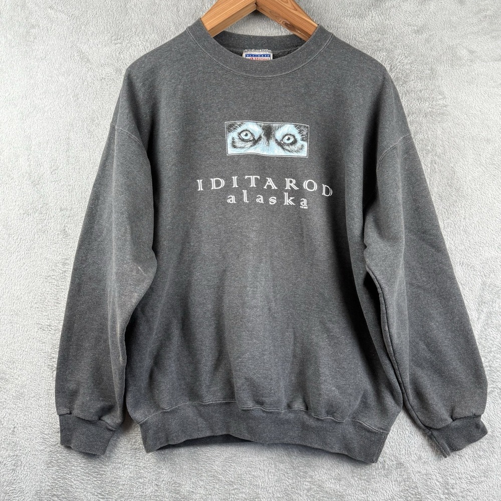 Alaska Iditarod Sweatshirt Mens L Faded Dog Sled Race Husky Gray Outdoor Vintage